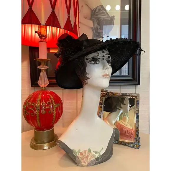 vintage 1940s black straw wide brim hat with veil and roses 40s film noir floral